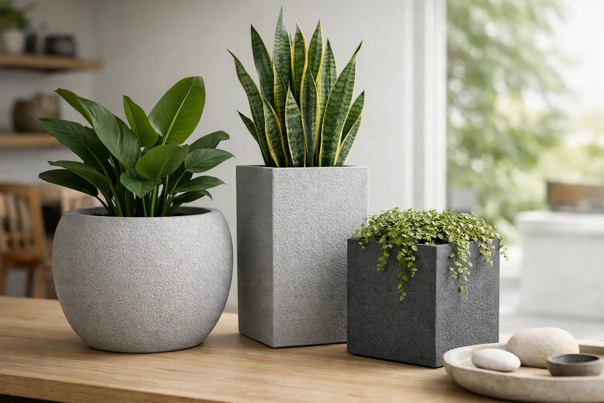 Clean Textured Fiberstone Planters, Styled Well
