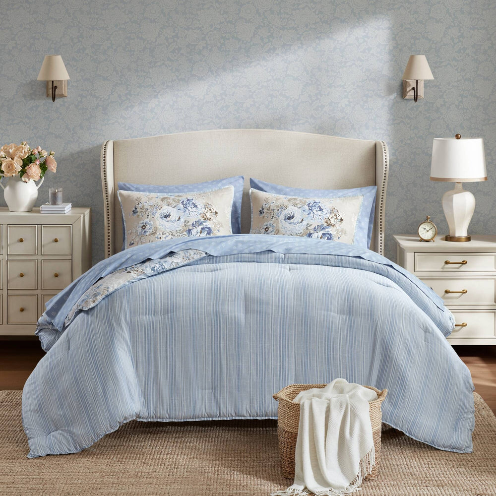 5-Piece Twin 5 Piece Vin -inspired Collection floral print,Beige/Blue Media 19
