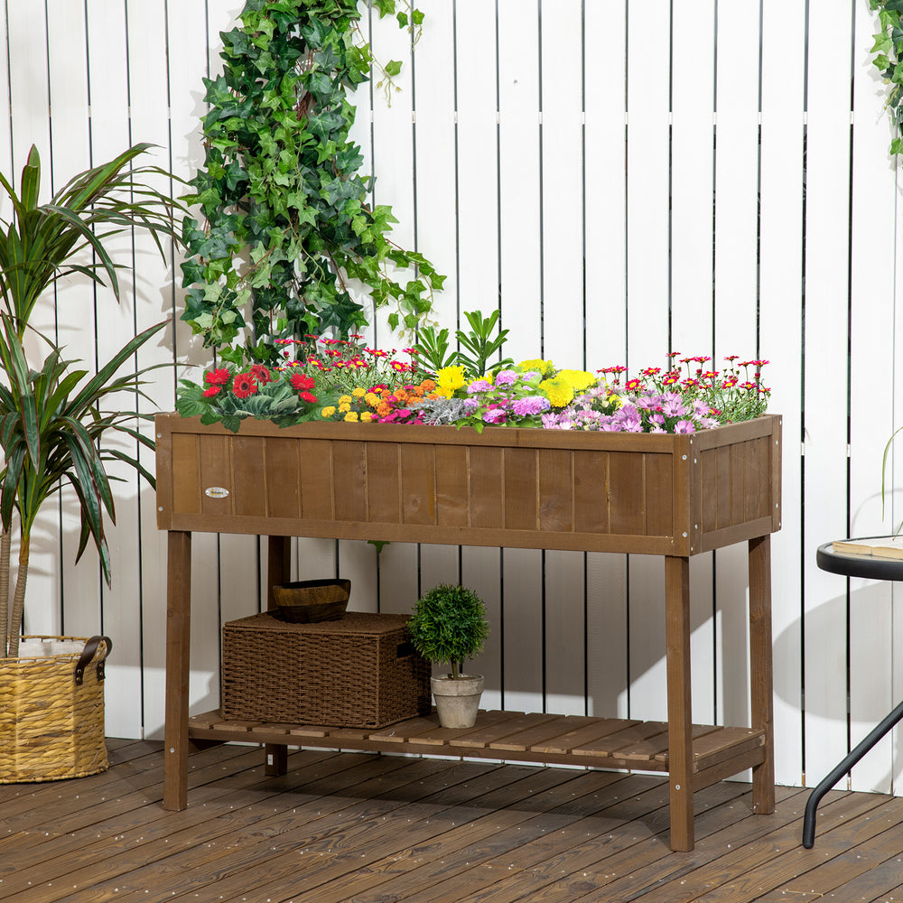 Outsunny 43x18x30in Raised Garden Bed with 8 Pockets and Shelf, Wooden Elevated Planter Box with Legs to Grow Herbs, Vegetables, and Flowers, Dark Brown Media 6