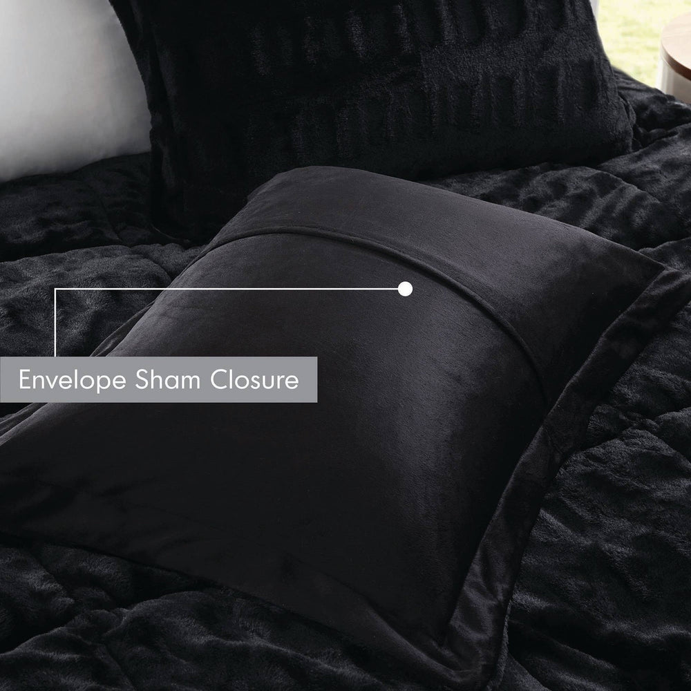 3 PCS King/Cal King Solid Faux Fur Comforter Mini Set Black Media 11