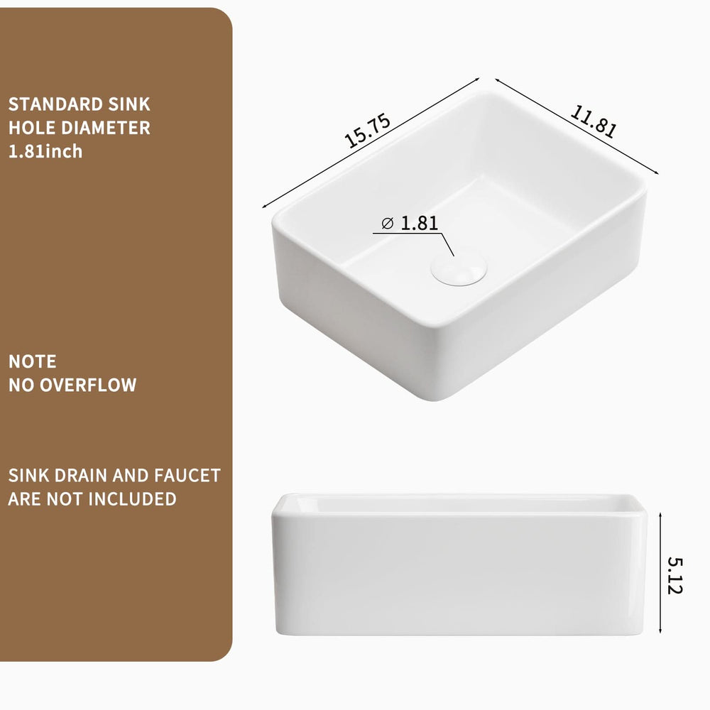 Rectangular Vessel Sink, 16'X12' Small Bowl Bathroom Vessel Sink, White Ceramic Lavatory Above Counter Art Basin Vanity Sink Media 3