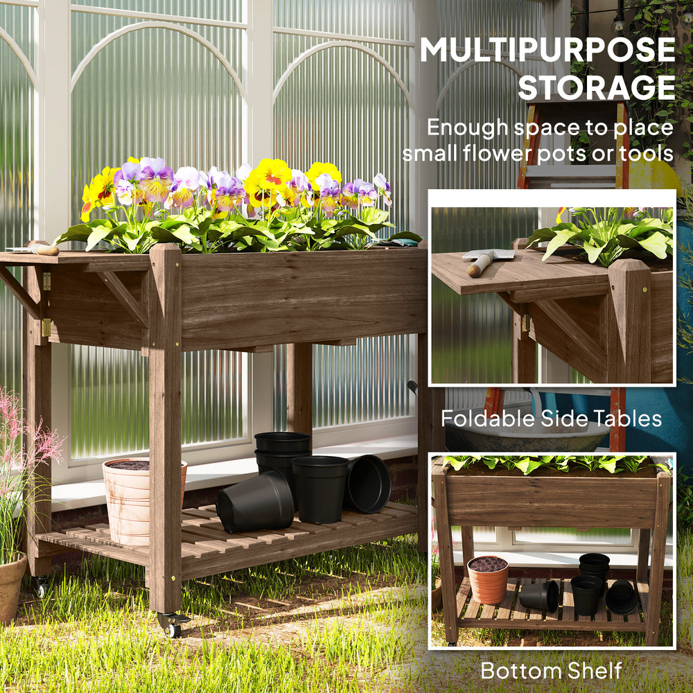 Convenient Elevated Garden Bed,Wood Raised Planter Box,with Lockable Wheels,Side Tables,Bottom Shelf,Drain Holes Media 5