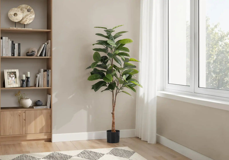 Artificial Plant, 52' Tall, Rubber Tree, Indoor, Faux, Fake, Floor, Greenery, Potted, Real Touch, Decorative, Green Leaves, Black Pot