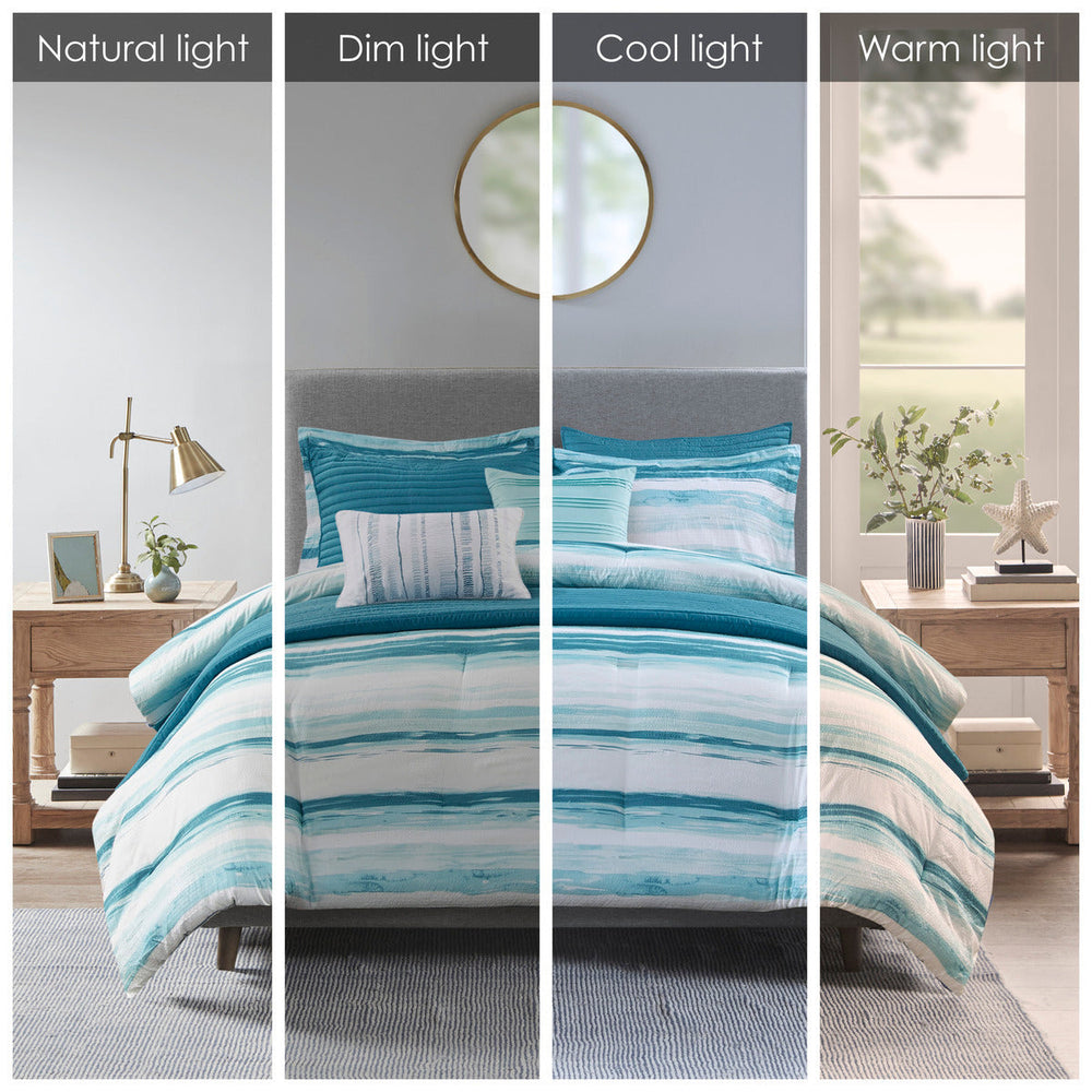 8 Piece Printed Seersucker Comforter and Quilt Set Collection Aqua Full/Queen Media 10