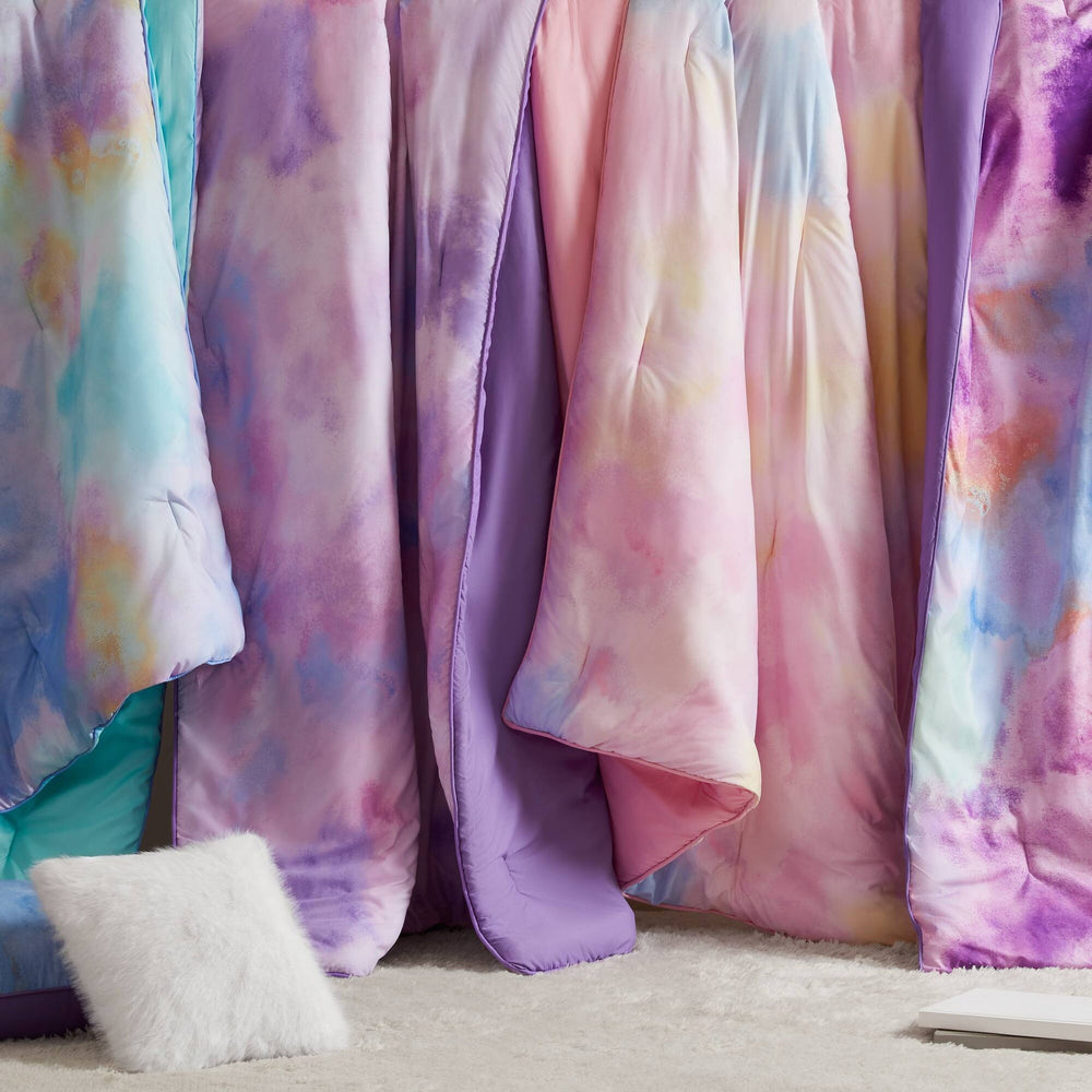 4 Pieces King/Cal King Watercolor Tie Dye Printed Comforter Set with Throw Pillow,Purple Media 8