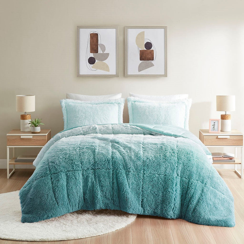 Full/Queen Ombre Shaggy Long Fur Comforter Mini Set Media 1