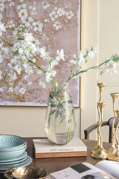 Round Clear Glass Vase with Blue and Gold Botanical Motifs perspective