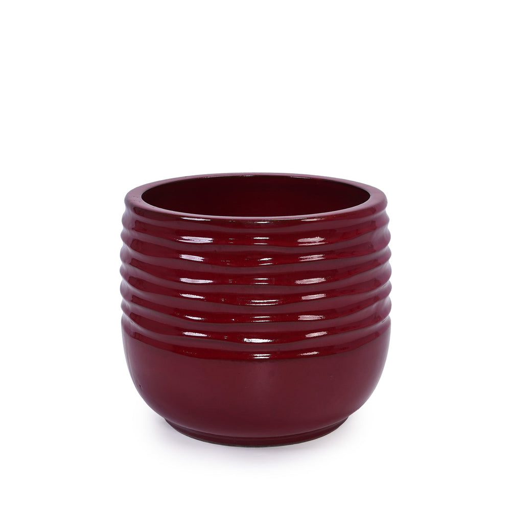 Handmade Glazed Ceramic Planter Set of 3, 15/11/8 Inch Diameter, Horizontal Groove Pattern, for Succulents & Flowering Plants Outdoor Garden & Indoor Staircase Bookshelf Use, Breathable Clay, Deep Red Media 12