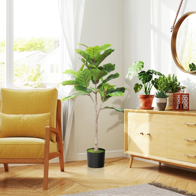 HOMCOM Fake Plant, Artificial Fiddle Leaf Fig Tree, Potted Plant with 28 PEVA Leaves and Flocked Soil, Green
