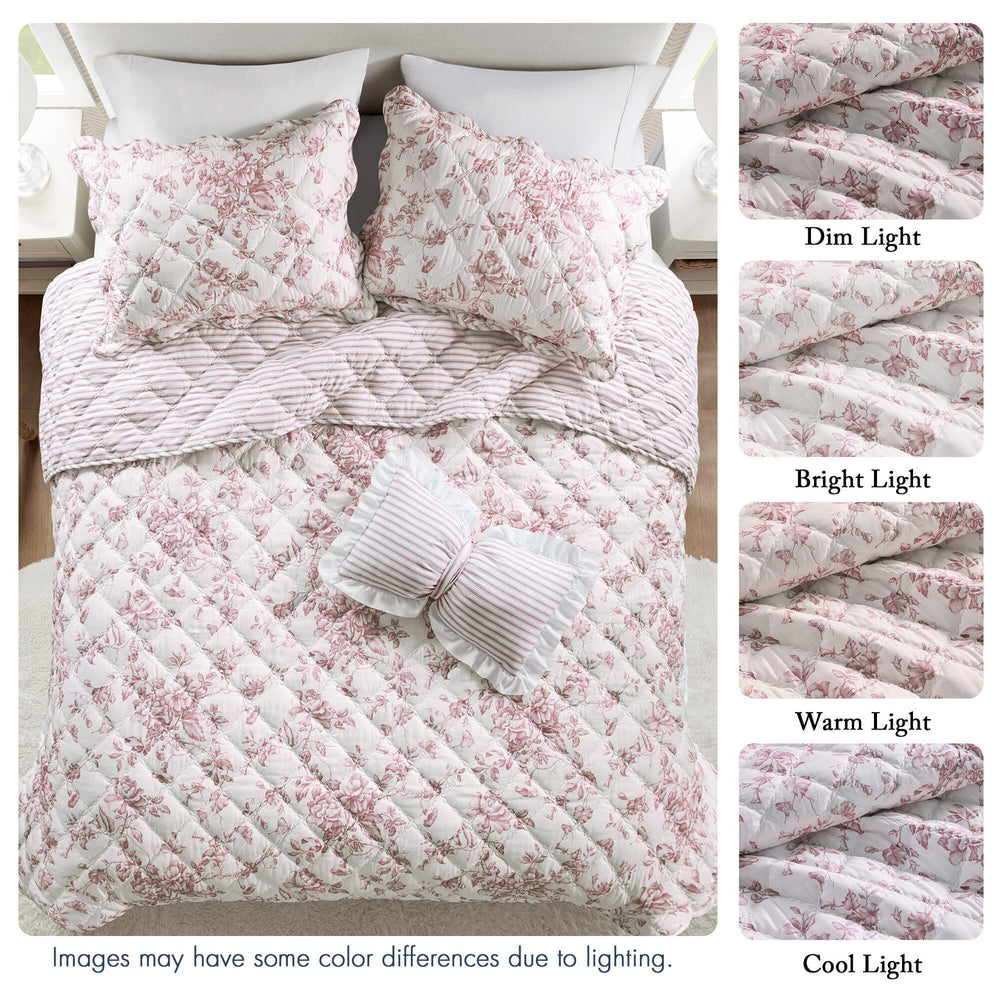 4 Pieces Full/Queen  Quilt Set with Decorative Pillow,Pink Media 4