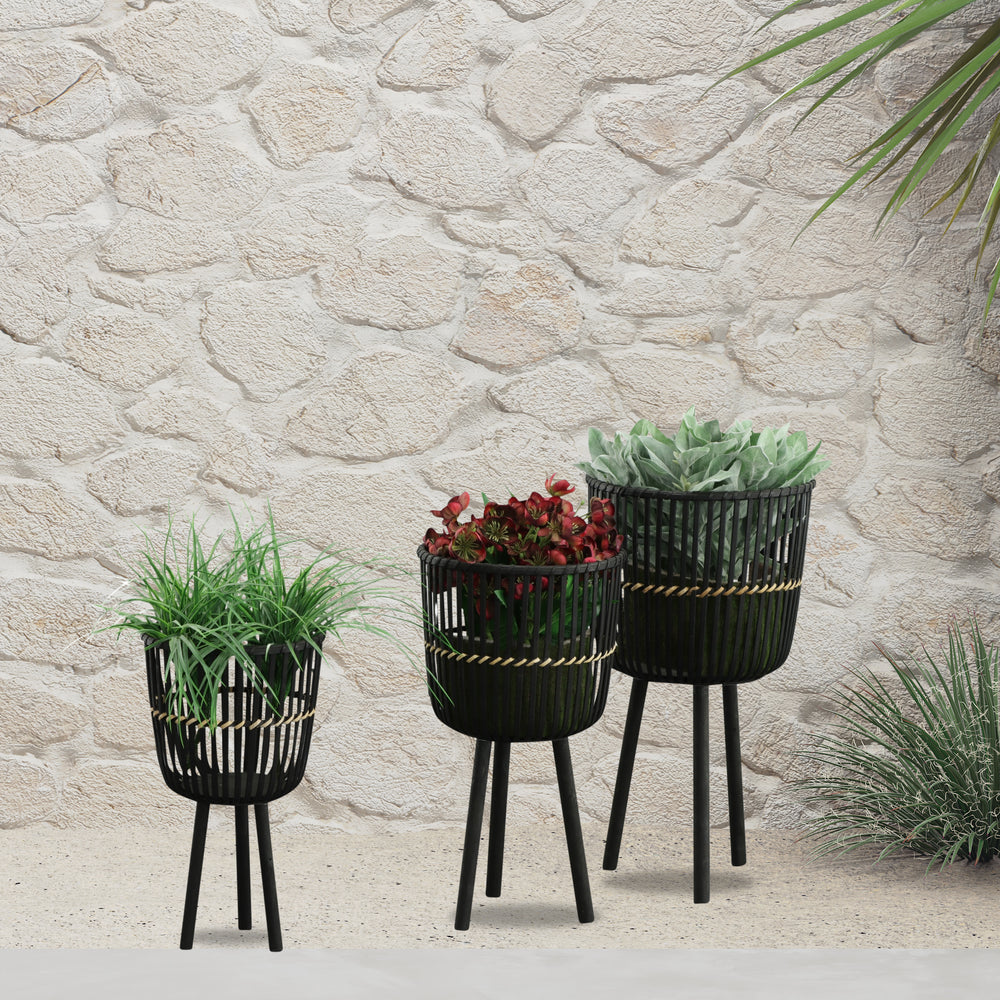 S/3 BAMBOO FOOTED PLANTERS 11/13/15', BLACK Media 1