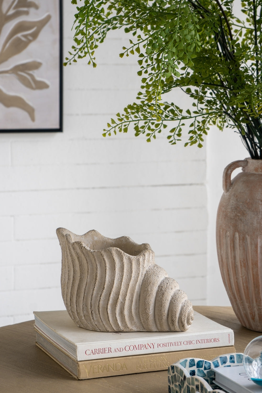 11.5x7x7' Sand and Cement Nautilus Shell Planter with Textured Beige Finish Media 1
