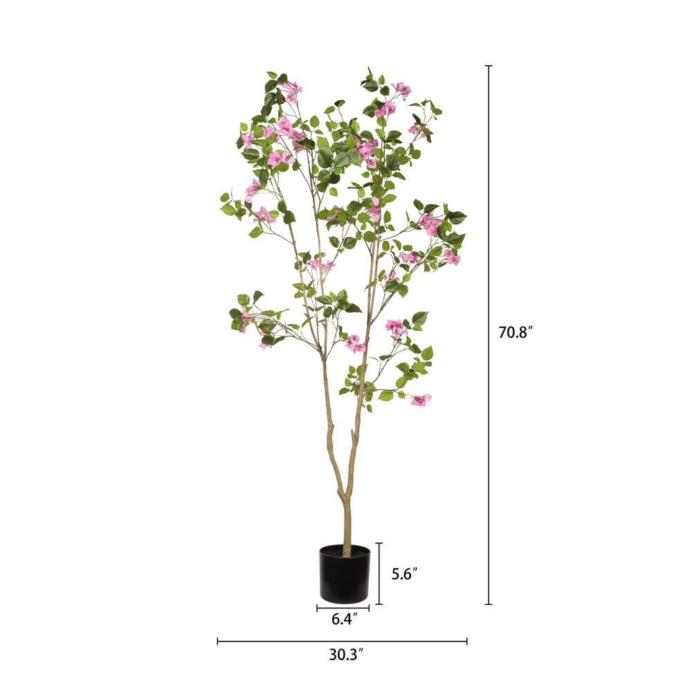 Artificial Bougainvillea Tree with Black Plastic Pot, Realistic Faux Flowering Plant in Green Leaves and Pink Blooms, 72-Inch Indoor Decor for Home Office Media 3