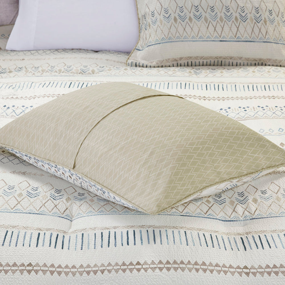 5 Piece Printed Seersucker Comforter Set with Throw Pillows Taupe/Blue Full/Queen Media 9