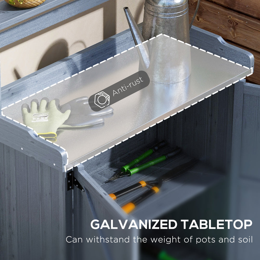 Outsunny Potting Bench, Outdoor Wooden Potting Table with Storage Cabinet with 2 Shelves, Garden Work Bench with Galvanized Plated Tabletop for Backyard, Balcony, Gray Media 4