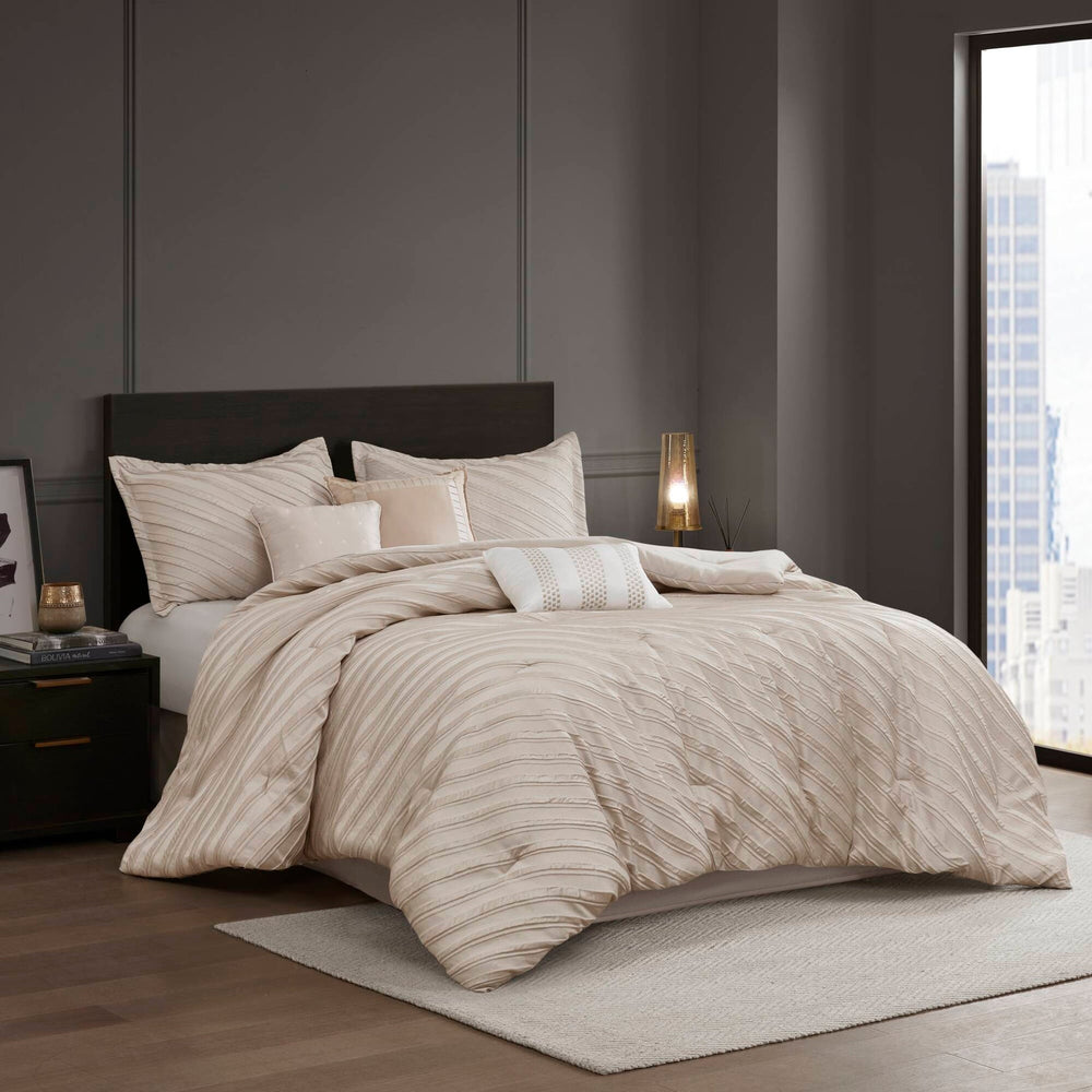 7 PCS Queen Comforter Set Beige Media 1