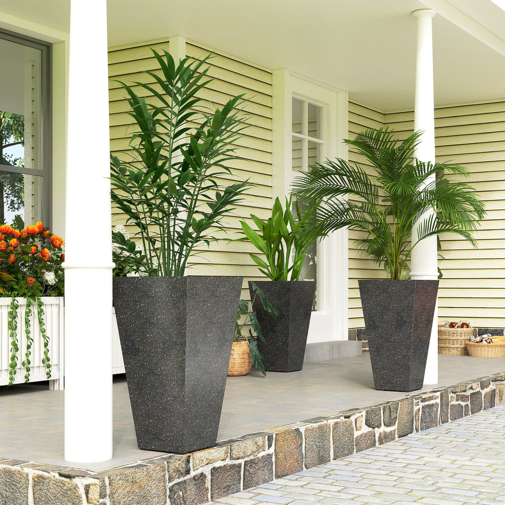Outsunny 28' Tall Planters, Set of 3 Plastic Flower Pots with Marble Finish and Drainage Holes, Stackable Tapered Outdoor Planters, Black Media 10