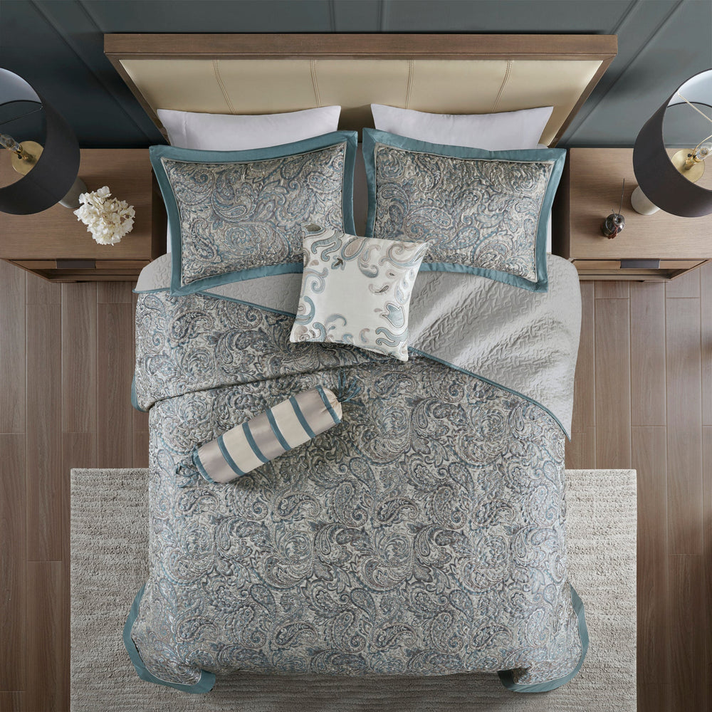 5 Piece Jacquard Bedspread Set with Throw Pillows Teal Queen Media 15