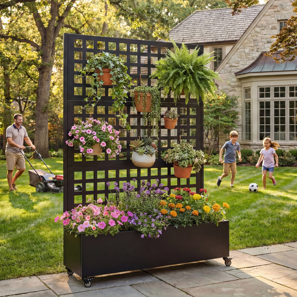 Metal Raised Garden Bed with Wheels and Trellis,73'x47'x16' Planter Box for Climbing Plants, Vegetables & Vines, Features Privacy Screen and Drainage Holes Media 1