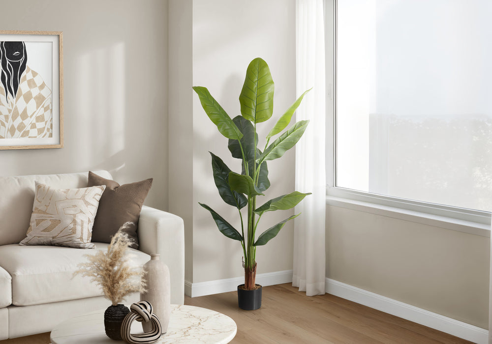 Artificial Plant, 59' Tall, Strelitzia Tree, Indoor, Faux, Fake, Floor, Greenery, Potted, Real Touch, Decorative, Green Leaves, Black Pot Media 1