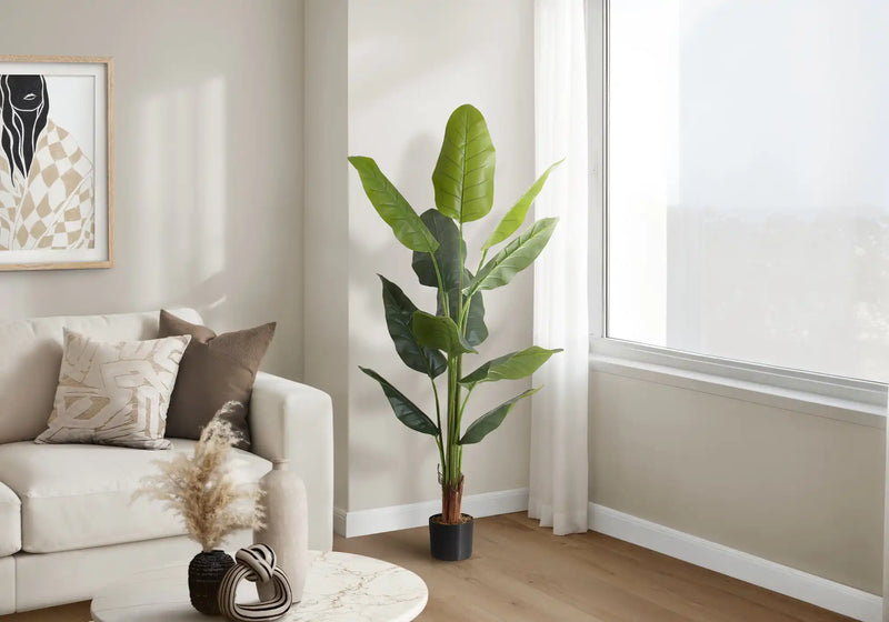 Artificial Plant, 59' Tall, Strelitzia Tree, Indoor, Faux, Fake, Floor, Greenery, Potted, Real Touch, Decorative, Green Leaves, Black Pot