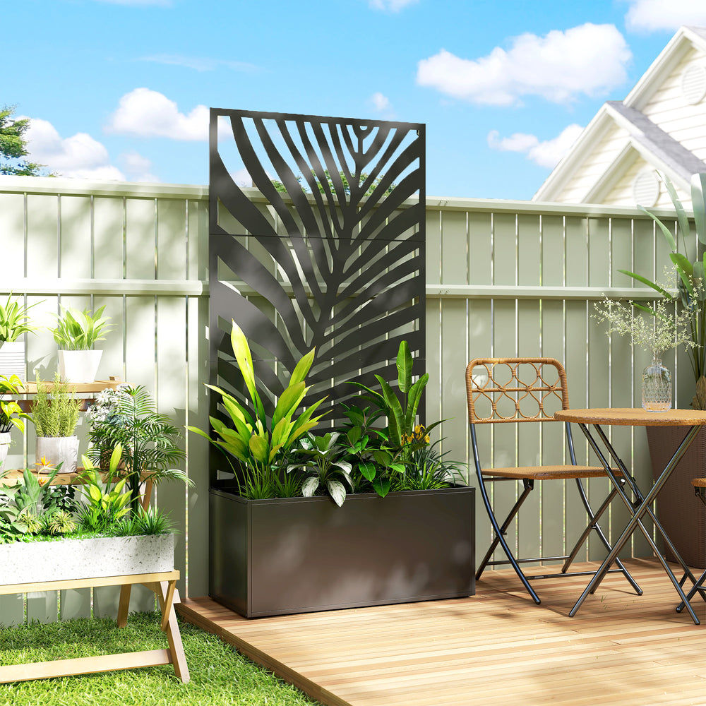 Outsunny Metal Planter Box with Trellis, Raised Garden Bed with Privacy Screen for Climbing Plants, Leaf Cut-Out Privacy Planter Media 9
