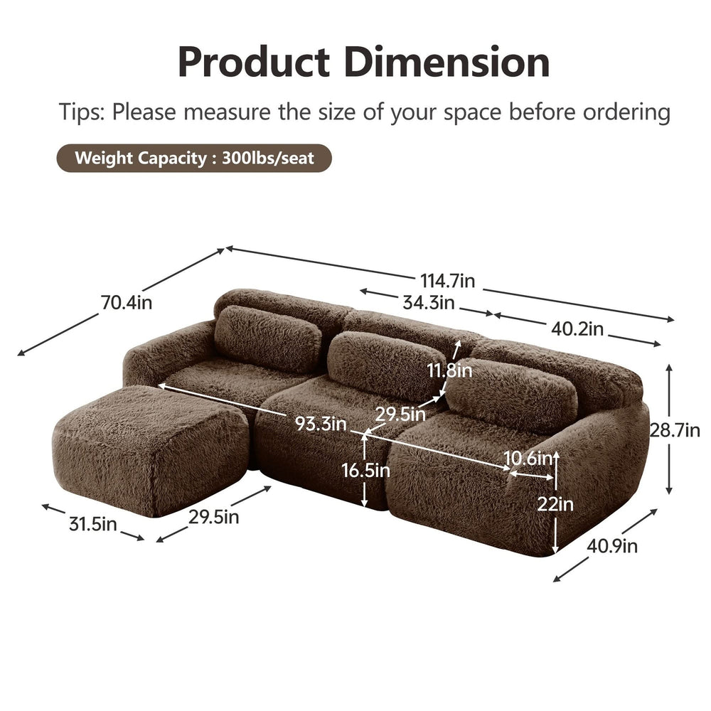 L-Shaped Sofa Plush Fabric With Movable Ottoman & Throw Pillows Chocolate Media 16