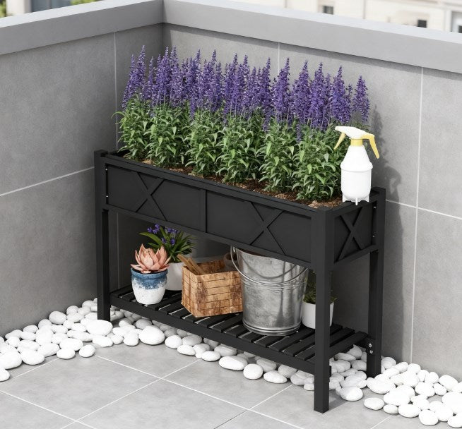 Elevated Wood Planter Box,Raised Garden Bed,with Storage Shelf,Drainage Holes,and Liner Media 7