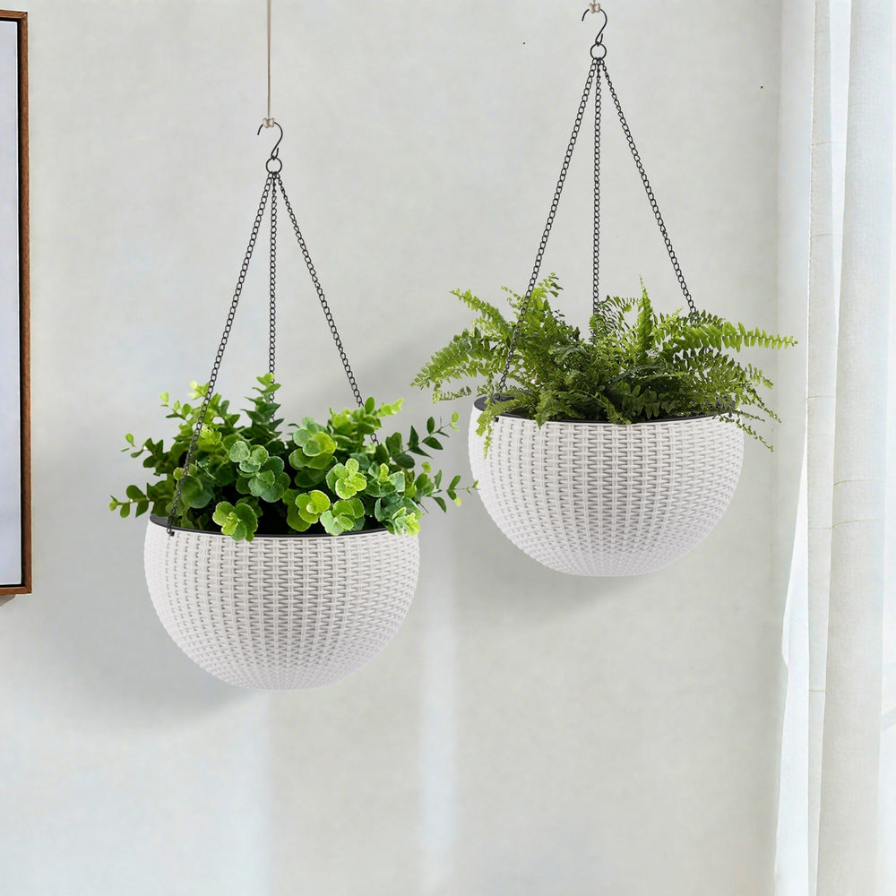 13.4 inch Self-Watering Hanging Rattan-Inspired Planter Large Capacity, Root-Rot Resistant Water Storage with Water Level Indicator, Dual-Use for Indoor & Balcony Decoration (Pack of 2, White) Media 2