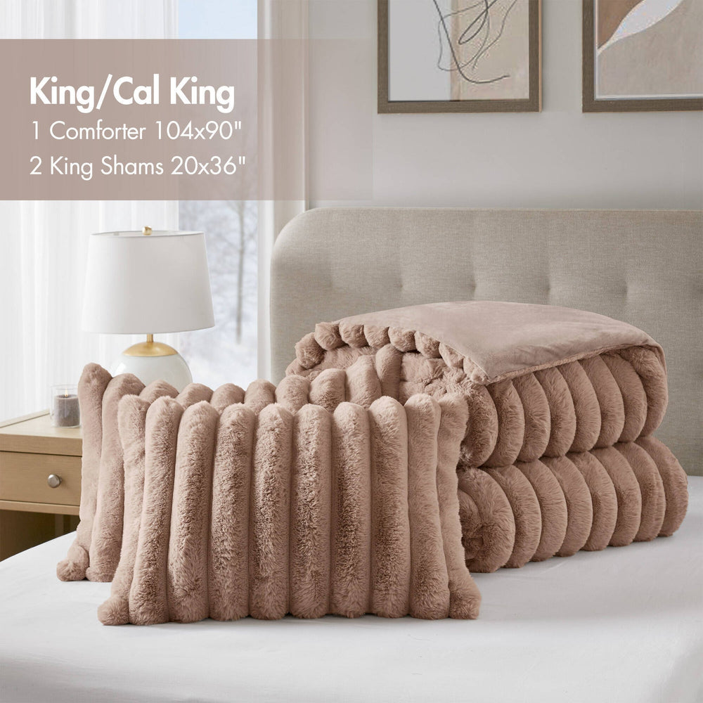 3 Pieces Full/Queen Ultrasoft Faux Fur Ribbed Comforter Set,Mocha Media 2