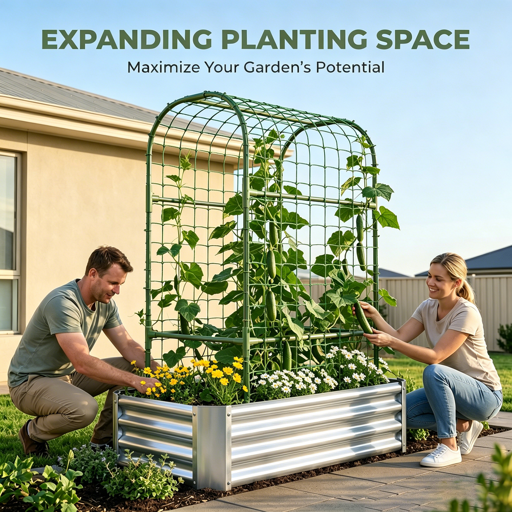 2-in-1 Raised Garden Bed with Trellis - 59' Tall Arch Planter Box for Climbing Plants, Outdoor Galvanized Metal Gardening Bed for Vegetables, Fruits, Flowers (Silver, 4x2x1 Ft) Media 5