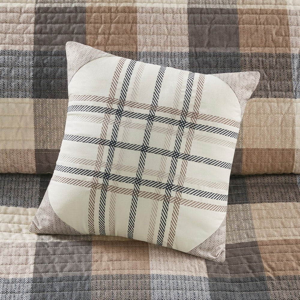 6 Piece Printed Herringbone Quilt Set with Throw Pillows Neutral Full/Queen Media 5