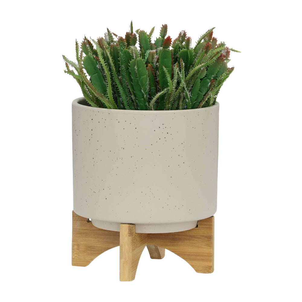 S/2 5/8' PLANTER W/ WOOD STAND, MATTE BEIGE Media 3