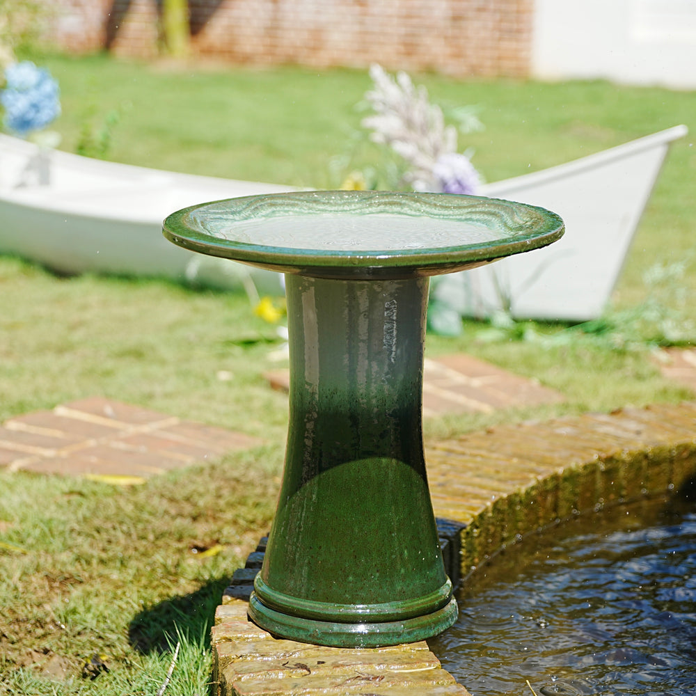 Handmade glazed ceramic bird bath, 17' concentric ripple embossed tray & 18' pedestal base, white to sage green ombre gradient glaze outdoor bird feeder for yard, lawn, patio & backyard Media 1