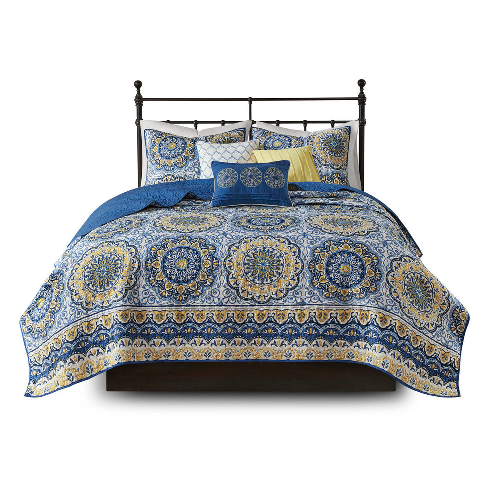 6 Piece Reversible Quilt Set with Throw Pillows Blue King/Cal King Media 12