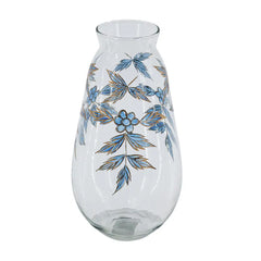 Round Clear Glass Vase with Blue and Gold Botanical Motifs perspective