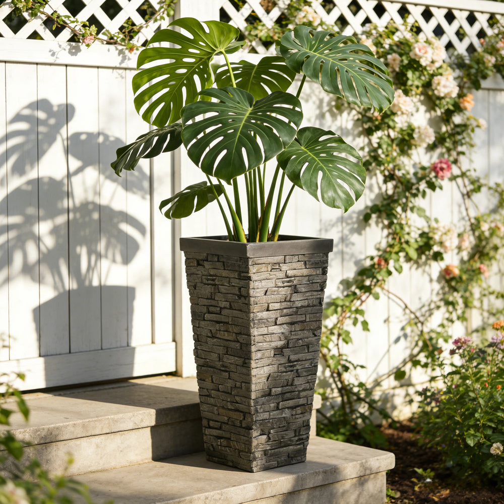 Tall Grey Stone-Effect MGO Planter - Indoor Outdoor Tall Square Plant Pot with Realistic Brick Texture, Weatherproof Heavy-Duty Container for Trees, Shrubs & Large Plants Media 1