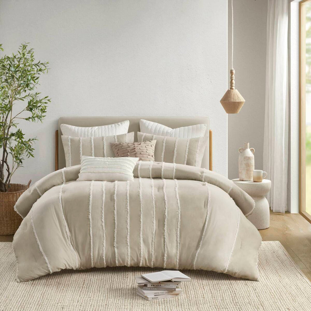 3 Piece Striped Cotton Comforter Set Taupe Full/Queen Media 14