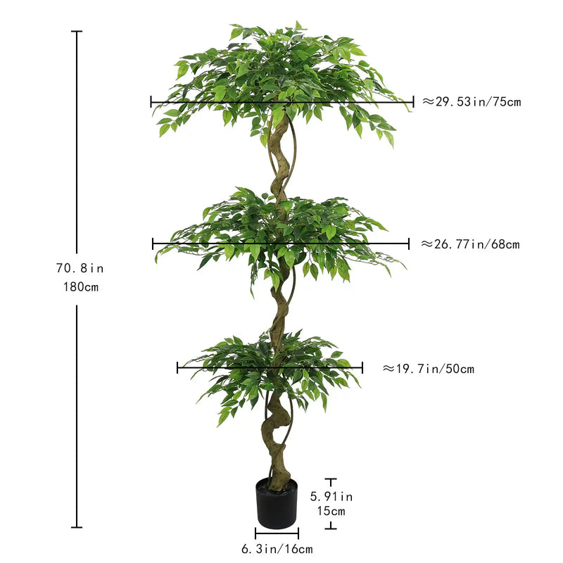 6FT Lifelike Artificial Ficus Tree with Black Pot for Home or Office Decor, Green Plastic Indoor Plant