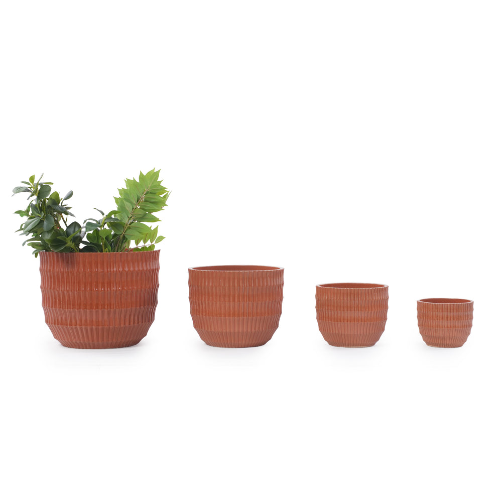 Handmade Brick Red Glaze Ceramic Planter Set of 4, 7/9/12/14 Inch, Horizontal Grooves, Indoor & Outdoor Herb Succulent Pots, Breathable Clay with Drainage Holes Media 4