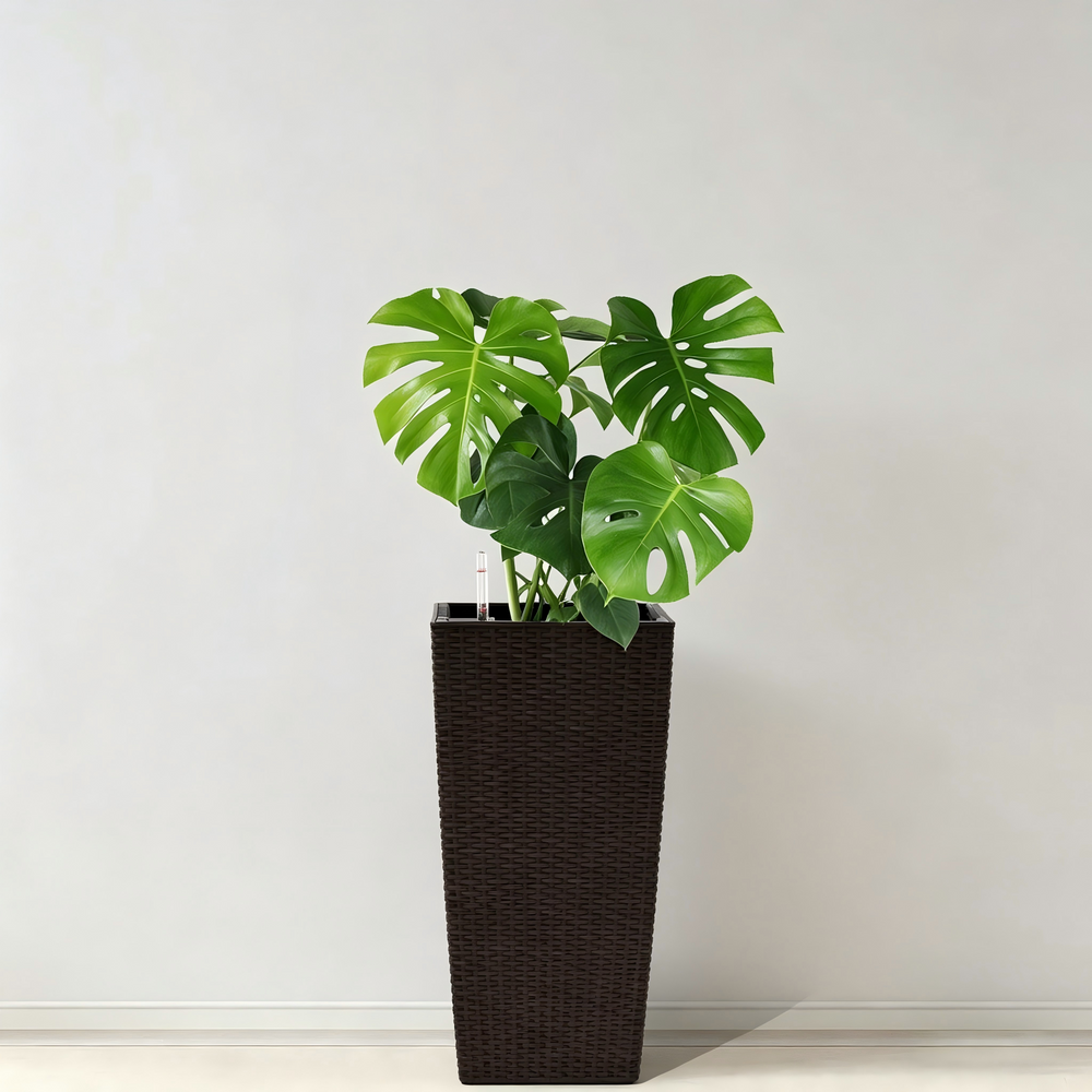 Brown Faux Rattan Indoor Outdoor Planter with Automatic Watering System, 22-Inch High, Pack of 2, Made from Polypropylene Media 11