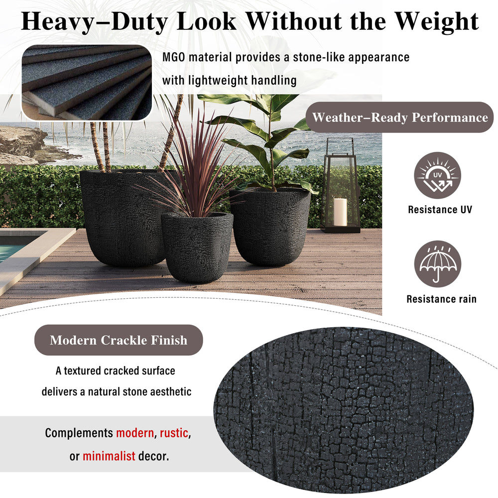 U_STYLE Lightweight MGO Planter Set of 3,16.93'+13.78'+11.02' Dia Round Concrete Stackable Flower Pots with Drainage Holes and Rubber Plug,Crackle Stone Texture for Patio Garden Balcony Indoor Outdoor Media 6