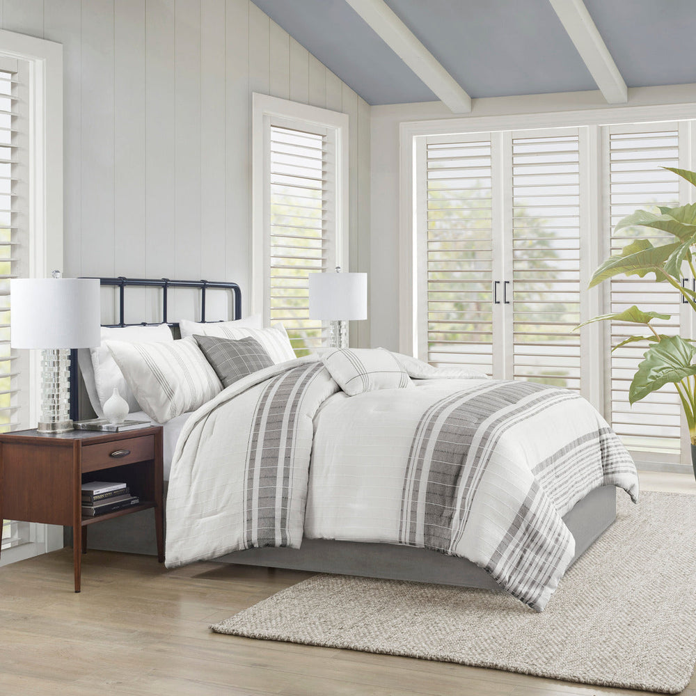 6 Piece Cotton Jacquard Oversized Comforter Set White/Grey Full Media 5