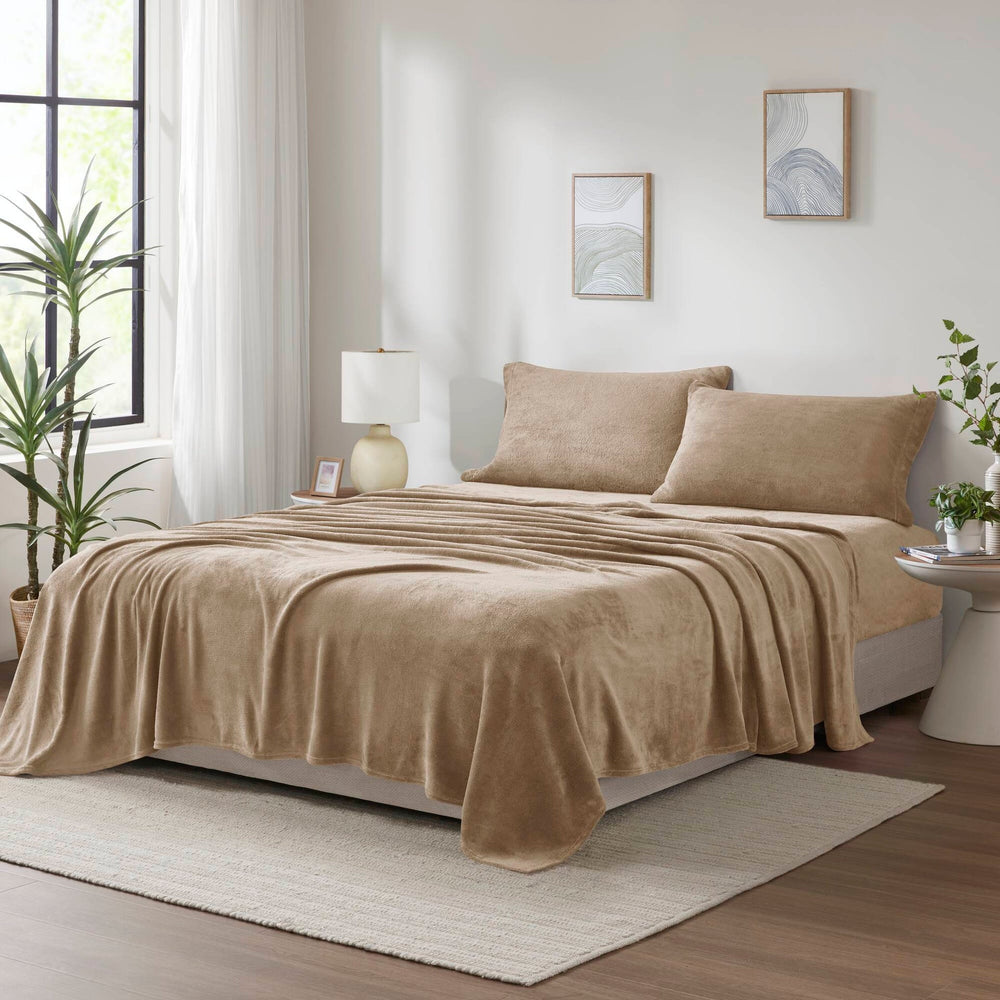 4 PCS Queen Micro Plush Sheet Set Taupe Media 1