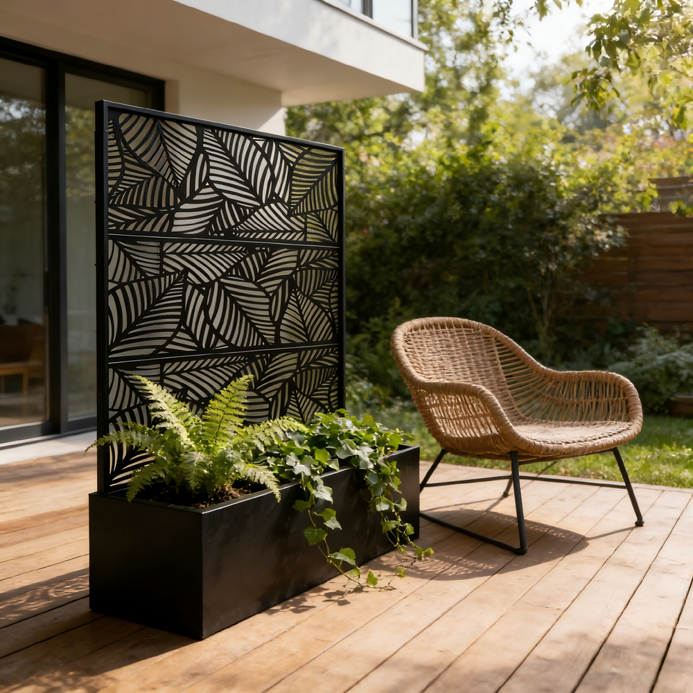 70.87' H × 46.06' W Leaf Pattern Privacy Screen with Planter Box, Black Metal Freestanding Decorative Fence Planter for Patio Balcony Backyard Media 11