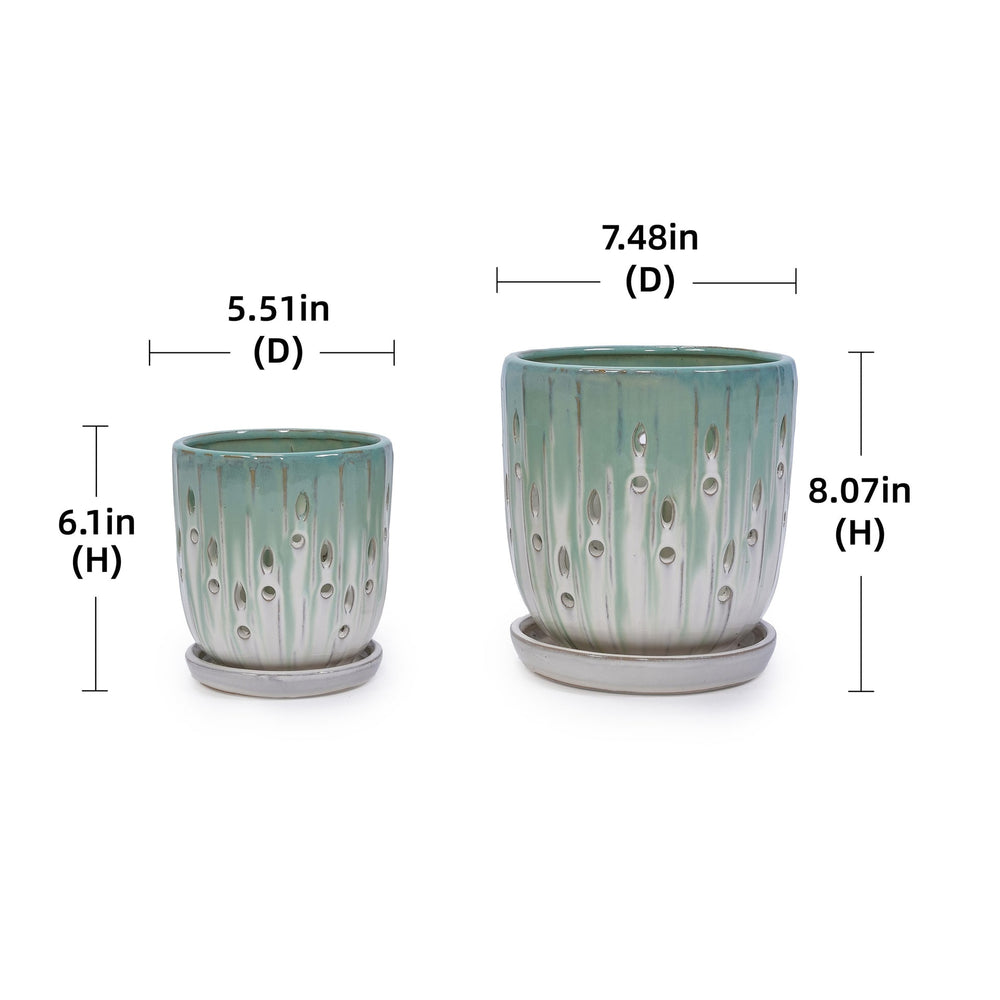 Set of 2 Ceramic Flowerpot with Drainage Hole, 8' Modern Planter for Patio, Garden, Windowsill - White Green Media 3