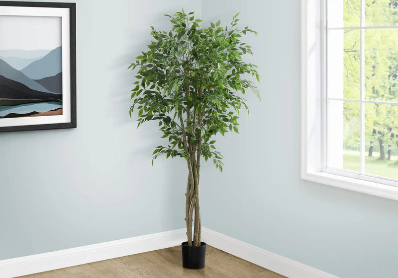 Artificial Plant, 79' Tall, Ficus Tree, Floor, Real Touch, Potted, Green Leaves, Black Pot