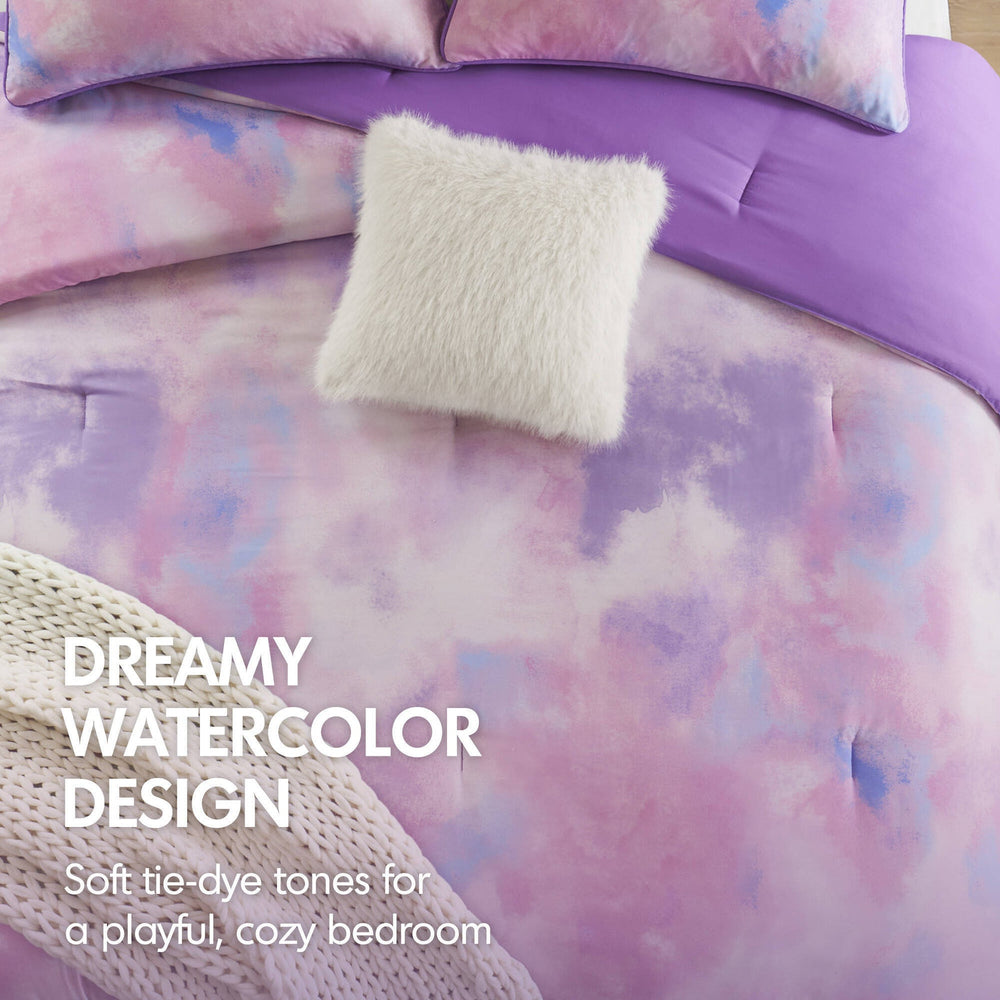 3 Pieces Twin/Twin XL Watercolor Tie Dye Printed Comforter Set with Throw Pillow,Purple Media 13