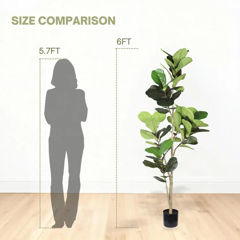 6FT Real Touch Fake Fiddle Leaf Fig Tree in Black Plastic Pot with Green Fabric Leaves, Indoor Decor for Home Office Living Room Corner