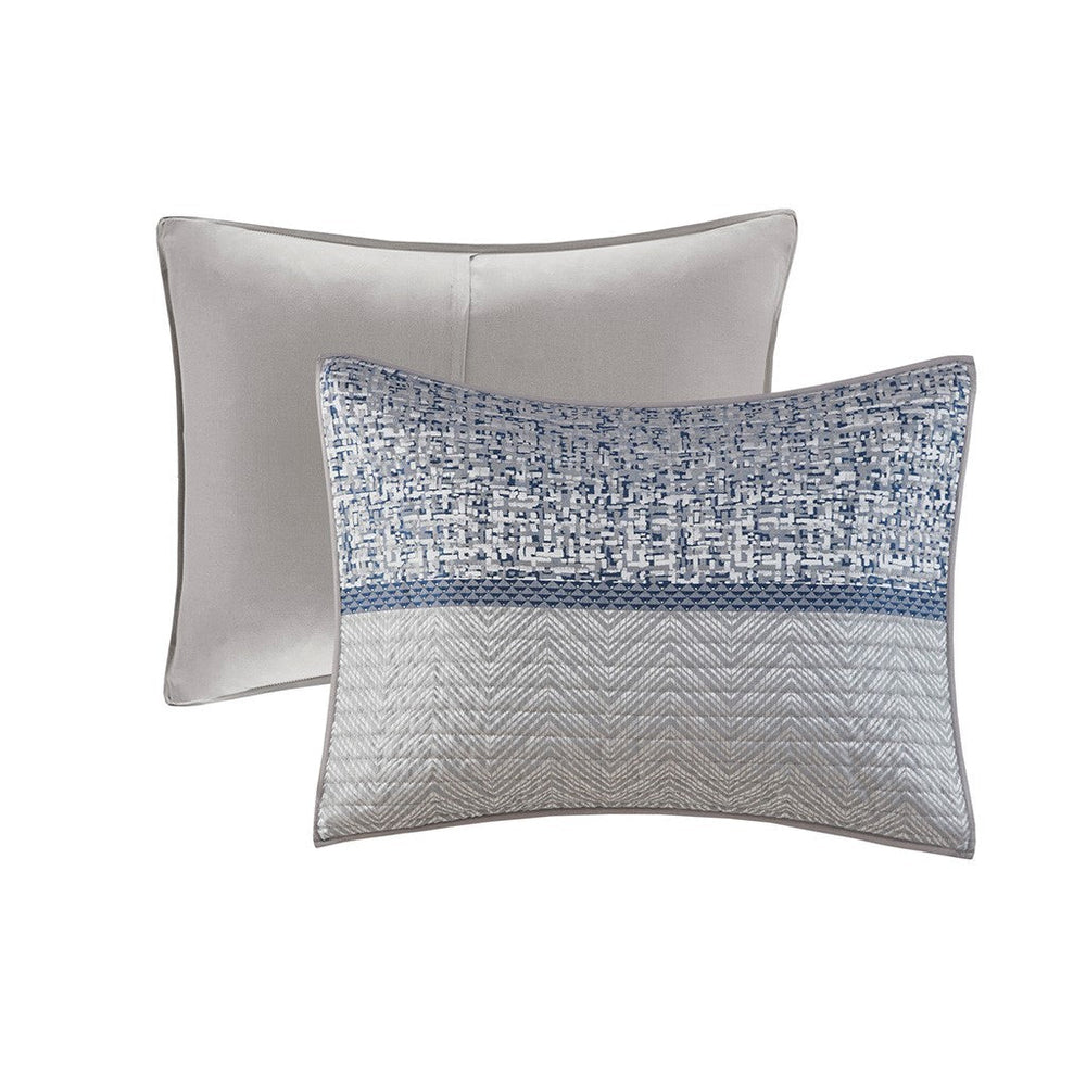6 Piece Reversible Jacquard Quilt Set with Throw Pillows Navy Full/Queen Media 17